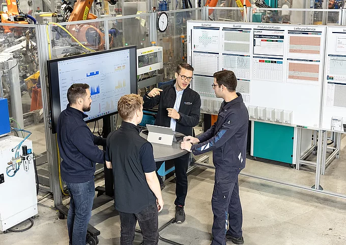Teamleiter und Mitarbeitende bei der Shopfloor Besprechung
